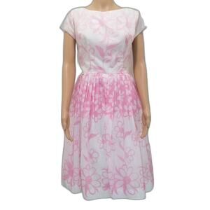 1950s Pink White Floral Handmade Pleated Fit Flare Short Sleeve Puffy Midi Dress